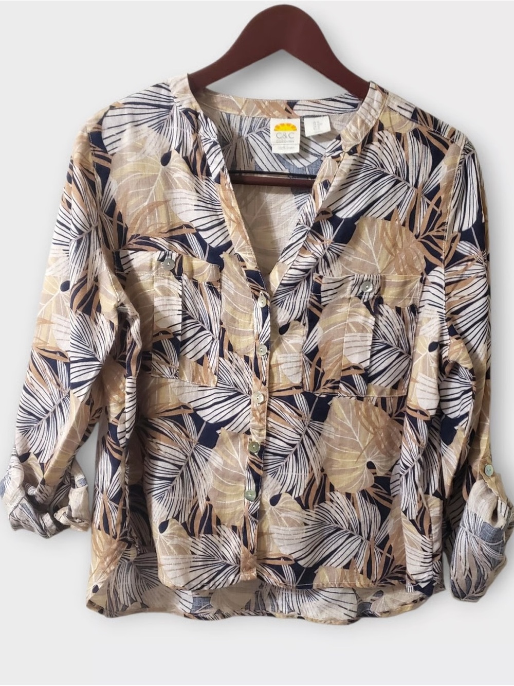C&C California Navy and Beige Tropical Leaf Button-Down Shirt 100% Linen